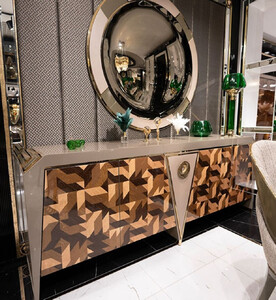Casa Padrino Luxus Mbel Set Grau / Braun / Gold - 1 Luxus Sideboard mit 4 Tren & 1 Runder Luxus Spiegel - Luxus Mbel - Luxus Kollektion