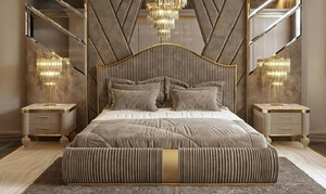 Casa Padrino Luxus Art Deco Schlafzimmer Set Grau / Wei / Gold - 1 Doppelbett mit Kopfteil & 2 Nachttische - Art Deco Schlafzimmer & Hotel Mbel - Luxus Kollektion