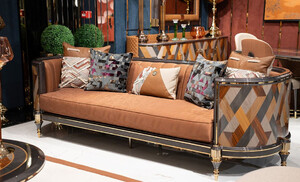 Casa Padrino Luxus Art Deco Sofa Braun / Mehrfarbig / Grau / Gold - Wohnzimmer Sofa - Wohnzimmer Mbel - Art Deco Mbel - Luxus Mbel