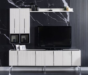 Casa Padrino Luxus Art Deco TV Schrank Wei / Schwarz / Silber 208 x 44 x H. 64 cm - Edler Wohnzimmer Fernsehschrank mit 4 Tren - Art Deco Mbel