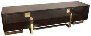 Casa Padrino Luxus Art Deco TV Schrank Dunkelbraun / Gold 220 x 50 x H. 60 cm - Edler Fernsehschrank mit 4 Tren - Art Deco Wohnzimmer Mbel