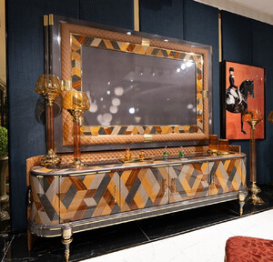 Casa Padrino Luxus Art Deco TV Schrank Set Mehrfarbig / Braun / Grau / Gold - Massivholz Wohnzimmer Sideboard mit TV Rckwand - Luxus Art Deco Wohnzimmer Mbel