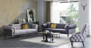Casa Padrino Luxus Art Deco Chesterfield Wohnzimmer Set - 2 Sofas & 2 Sessel & 1 Couchtisch mit Glasplatte in Marmoroptik - Edle Art Deco Wohnzimmer Mbel