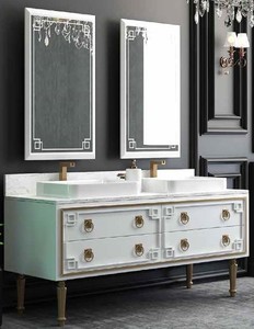 Casa Padrino Luxus Badezimmer Set Wei / Gold - 1 Waschtisch mit 4 Schubladen und 2 Waschbecken und 2 Wandspiegel - Luxus Badezimmermbel