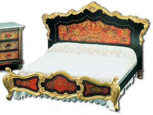 Casa Padrino Luxus Barock Boulle Doppelbett Schwarz / Rot / Gold 225 x 230 x H. 150 cm - Prunkvolles Massivholz Bett mit Kopfteil - Edle Barock Schlafzimmer Mbel