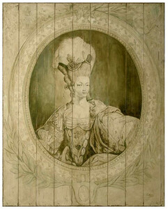 Casa Padrino Luxus Barock Wandgemlde Lady Grau / Grn 150 x H. 190 cm - Handgemaltes Holz Gemlde - Prunkvolle Barock Wand Dekoration