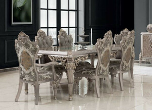 Casa Padrino Luxus Barock Esszimmer Set Grau / Silber - 1 Esstisch & 8 Esszimmersthle - Prunkvolle Esszimmer Mbel im Barockstil