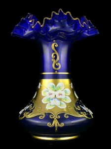Casa Padrino Luxus Barock Glas Vase Blau / Mehrfarbig / Gold H. 20 cm - Handgefertigte & handbemalte Blumenvase - Barock Deko - Edel & Prunkvoll