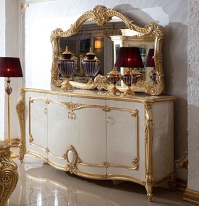 Casa Padrino Luxus Barock Sideboard mit Wandspiegel Wei / Beige / Gold