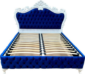 Casa Padrino Luxus Barock Doppelbett Royalblau / Wei - Prunkvolles Massivholz Bett mit Glitzersteinen - Barock Schlafzimmer Mbel