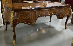 Casa Padrino Barock Schreibtisch Mahagoni Intarsien / Gold - Handgefertigter Antik Stil Sekretr mit 5 Schubladen - Barock Bro Mbel