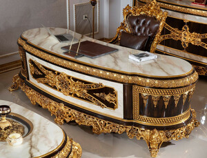 Casa Padrino Luxus Barock Brombel Set Wei / Dunkelbraun / Gold - 1 Barock Schreibtisch mit Marmoroptik & 1 Barock Brostuhl mit edlem Kunstleder - Prunkvolle Barock Brombel 