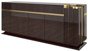 Casa Padrino Designer Sideboard Dunkelbraun Hochglanz / Gold 220 x 50 x H. 85 cm - Edler Schrank mit 4 Tren und 4 Schubladen - Luxus Wohnzimmer Mbel