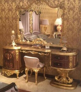 Casa Padrino Luxus Barock Schlafzimmer Set Braun / Rosa / Antik Gold - 1 Schminktisch & 1 Spiegel & 1 Hocker - Prunkvolle Schlafzimmer Mbel im Barockstil - Luxus Qualitt