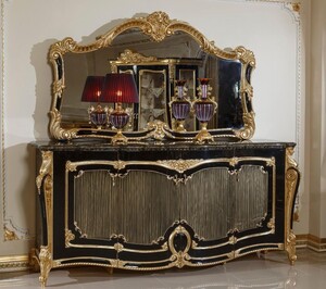 Casa Padrino Luxus Barock Sideboard mit Wandspiegel Schwarz / Gold