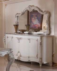 Casa Padrino Luxus Barock Sideboard mit Wandspiegel Wei / Creme / Silber