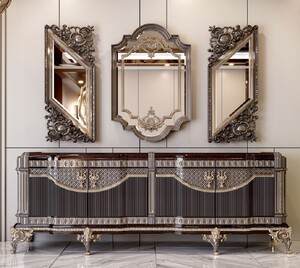 Casa Padrino Luxus Barock Sideboard und 3 Spiegel Dunkelbraun / Grau / Gold