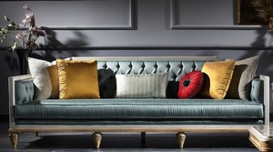 Casa Padrino Luxus Barock Sofa Trkis / Wei / Gold 256 x 89 x H. 90 cm - Prunkvolles Chesterfield Wohnzimmer Sofa im Barockstil
