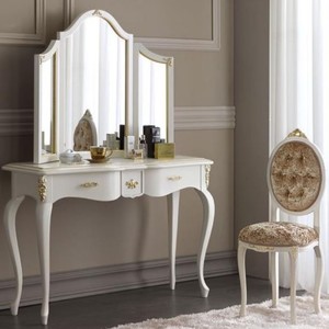 Casa Padrino Luxus Barock Spiegelkonsolen Set Braun / Wei / Gold - Eleganter Konsolentisch mit Spiegel und Damenstuhl - Luxus Barock Schlafzimmer Mbel