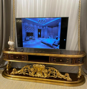 Casa Padrino Luxus Barock TV Schrank Braun / Antik Gold 220 x 50 x H. 70 cm - Prunkvoller Massivholz Fernsehschrank - Barock Wohnzimmer Mbel