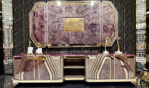 Casa Padrino Luxus Art Deco TV Schrank Lila / Grau / Gold - Prunkvolles Wohnzimmer Sideboard mit TV Rckwand - Art Deco Wohnzimmer Mbel - Luxus Kollektion