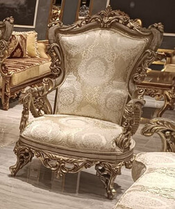 Casa Padrino Luxus Barock Wohnzimmer Sessel mit Muster Gold / Grau - Handgefertigter Barockstil Sessel - Luxus Wohnzimmer Mbel im Barockstil - Barock Mbel - Edel & Prunkvoll