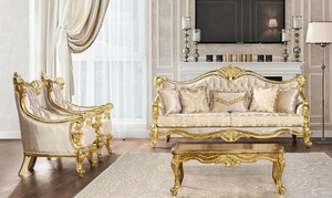 Casa Padrino Luxus Barock Wohnzimmer Set Beige / Gold - 2 Barock Sofas mit Muster & 2 Barock Sessel mit Muster & 1 Barock Couchtisch - Barock Wohnzimmer Mbel