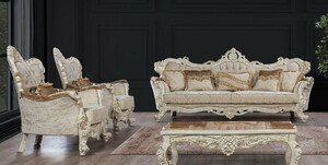 Casa Padrino Luxus Barock Wohnzimmer Set Beige / Braun / Antik Wei / Gold - 2 Barock Sofas mit Muster & 2 Barock Sessel mit Muster & 1 Barock Couchtisch - Barock Wohnzimmer Mbel