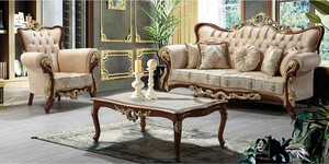 Casa Padrino Luxus Barock Wohnzimmer Set Beige / Braun / Gold - 1 Barock Sofa mit Muster & 2 Barock Sessel mit Muster & 1 Barock Couchtisch - Prunkvolle Barock Wohnzimmer Mbel