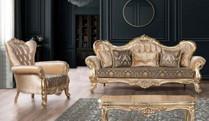 Casa Padrino Luxus Barock Wohnzimmer Set Beige / Schwarz / Gold - 2 Barock Sofas mit Muster & 2 Barock Sessel mit Muster & 1 Barock Couchtisch - Barock Wohnzimmer Mbel