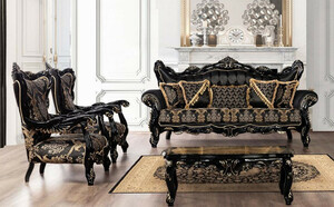Casa Padrino Luxus Barock Wohnzimmer Set Schwarz / Gold - 2 Sofas mit Muster & 2 Sessel mit Muster & 1 Couchtisch - Prunkvolle Barock Wohnzimmer Mbel