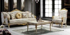 Casa Padrino Luxus Barock Wohnzimmer Set Grau / Wei / Braun / Gold - 2 Sofas mit Muster & 2 Sessel mit Muster & 1 Couchtisch - Prunkvolle Barock Wohnzimmer Mbel