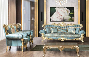 Casa Padrino Luxus Barock Wohnzimmer Set Trkis / Gold - 2 Barock Sofas mit Muster & 2 Barock Sessel mit Muster & 1 Barock Couchtisch - Barock Wohnzimmer Mbel