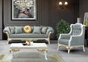 Casa Padrino Luxus Barock Wohnzimmer Set Trkis / Grau / Wei / Gold - 2 Sofas mit Muster & 2 Sessel mit Muster & 1 Couchtisch - Prunkvolle Barock Wohnzimmer Mbel