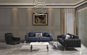 Casa Padrino Luxus Art Deco Chesterfield Wohnzimmer Set Schwarz / Blau / Wei - 2 Sofas & 2 Drehsessel & 1 Couchtisch - Edle Wohnzimmer Mbel