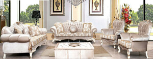 Casa Padrino Luxus Barock Wohnzimmer Set Rosa / Wei / Gold - 2 Sofas mit Muster & 2 Sessel mit Muster & 1 Couchtisch - Prunkvolle Barock Wohnzimmer Mbel