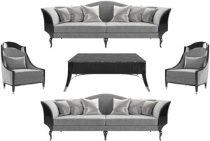 Casa Padrino Luxus Art Deco Wohnzimmer Set Grau / Schwarz / Silber - 2 Sofas & 2 Sessel & 1 Couchtisch mit Marmorplatte - Edle Art Deco Wohnzimmer Mbel