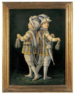Casa Padrino Luxus Barock lgemlde Zwillinge Blau / Mehrfarbig / Gold 64 x H. 82 cm - Handgemaltes Gemlde im Barockstil - Barock Wand Deko
