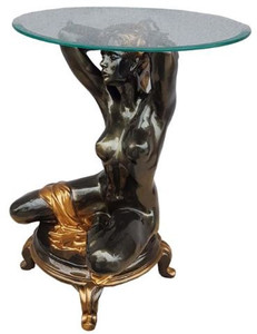 Casa Padrino Jugendstil Beistelltisch kniende Frau Schwarz / Gold  45 x H. 63,5 cm - Eleganter Tisch mit runder Glasplatte - Wohnzimmer Mbel