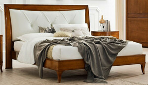 Casa Padrino Luxus Biedermeier Doppelbett Braun / Wei 188 x 219 x H. 128 cm - Massivholz Bett mit Echtleder Kopfteil - Schlafzimmer Mbel - Luxus Qualitt