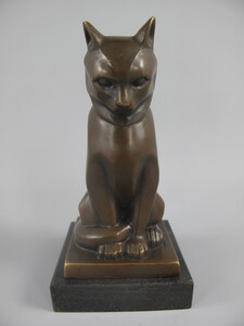 Casa Padrino Luxus Art Deco Bronze Skulptur Katze auf Marmorsockel H17 cm Antik Stil
