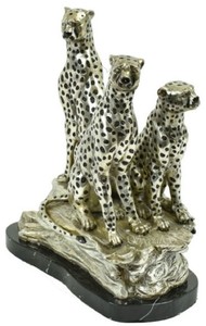 Casa Padrino Luxus Bronze Skulptur 3 sitzende Geparden Silber / Schwarz 36 x 24 x H. 41 cm - Versilberte Bronzefigur mit Marmorsockel