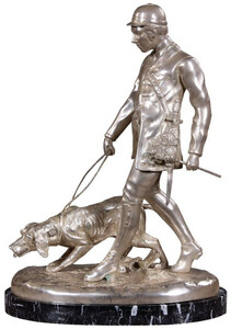 Casa Padrino Luxus Bronzefigur Jger mit Hund Silber / Schwarz 45 x 28 x H. 61 cm - Bronze Skulptur mit Marmorsockel - Schreibtisch Deko - Wohnzimmer Deko - Luxus Qualitt
