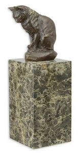 Casa Padrino Luxus Bronzefigur Katze Bronzefarben / Mehrfarbig 8,8 x 7,2 x H. 21,5 cm - Elegante Bronze Skulptur mit Marmorsockel - Deko Accessoires
