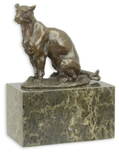 Casa Padrino Luxus Bronzefigur Panther Bronzefarben / Mehrfarbig 13,5 x 7,2 x H. 18,2 cm - Elegante Bronze Skulptur mit Marmorsockel - Deko Accessoires
