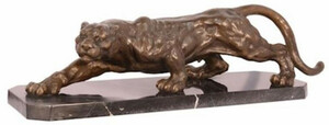 Casa Padrino Luxus Bronzefigur Panther Bronzefarben / Schwarz 64,9 x 19,8 x H. 19,6 cm - Elegante Bronze Skulptur mit Marmorsockel - Deko Accessoires