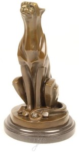 Casa Padrino Art Deco Bronze Skulptur mit Marmorsockel sitzender Gepard Bronze / Gold / Schwarz 15,8 x 16,7 x H. 29,7 cm - Bronzefigur - Tierfigur - Deko Accessoires