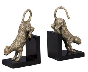 Casa Padrino Luxus Buchsttzen Set Bronze Leoparden auf schwarzem Holzsockel -  Deko Bronzefiguren auf Sockel