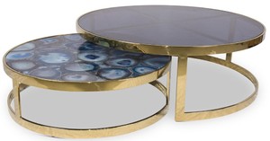Casa Padrino Luxus Couchtisch Set Blau / Gold - 2 Runde Wohnzimmertische mit Achat Edelstein und Glasplatte - Luxus Qualitt - Luxus Wohnzimmer Mbel