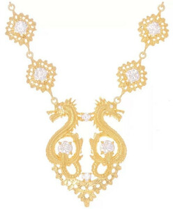 Casa Padrino Luxus Damen Halskette Drachen Gold - Handgefertigte vergoldete Sterlingsilber Kette mit Edelsteinen - Eleganter Luxus Damenschmuck
